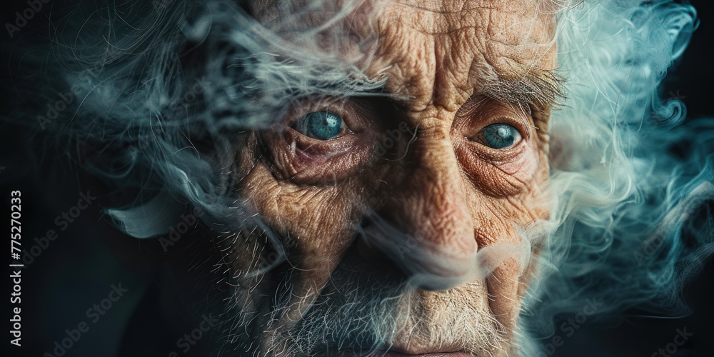 Elderly individual grappling with ravages of Alzheimer's disease, their furrowed brow and wispy hair embodying the cruel erosion of memory and cognitive decline that haunts this devastating condition