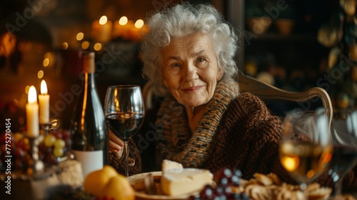 An older woman holding a glass of wine and smiling at the camera, AI
