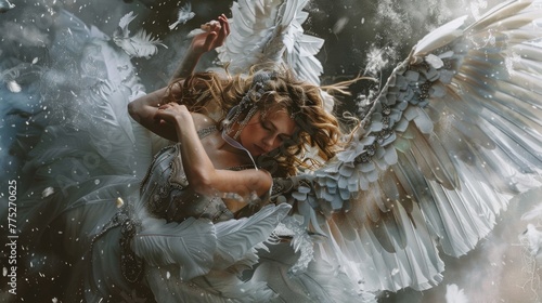 A woman wearing a white dress with angel wings standing in the snow. Suitable for winter and fantasy themed projects