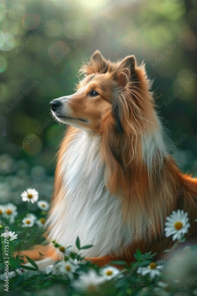 A brown and white dog sitting peacefully among colorful flowers. Suitable for nature and pet themes