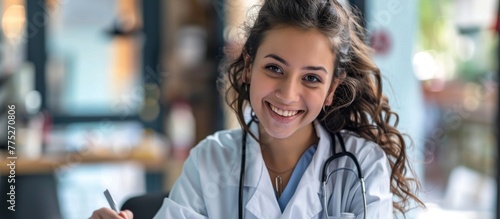 Female doctor smiling while writing on clipboard in hospital © Emin