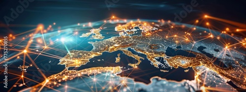 European telecommunication and data transfer networks with global internet connectivity for communication technology. Abstract map of Western Europe, concept of European global network