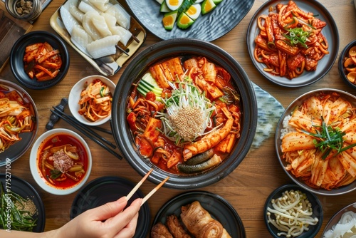 Korean Cuisine Feast with Tteokbokki and Sides