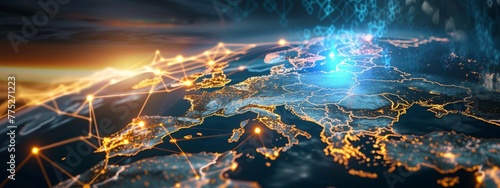 European telecommunication and data transfer networks with global internet connectivity for communication technology. Abstract map of Western Europe, concept of European global network