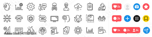 Technical info, Chemical hazard and Package size line icons pack. Social media icons. Dot plot, Fire energy, Thiamine vitamin web icon. Thunderstorm weather, Medical mask, Execute pictogram. Vector