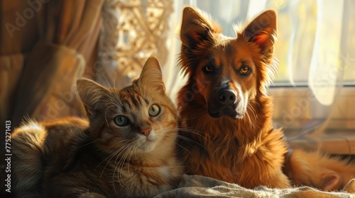 A dog and a cat peacefully laying together on a bed. Suitable for pet lovers or animal-related content