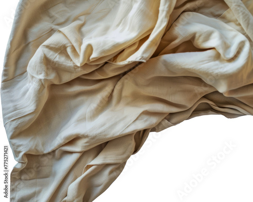 Crumpled beige fabric texture cut out on transparent background