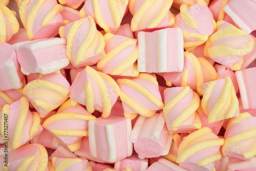 Colorful marshmallow candies for background use close up. Top view