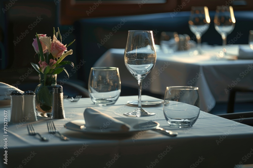 A table set with wine glasses, plates, and utensils. Perfect for restaurant menus or event planning A table set with wine glasses, plates, and utensils. Perfect for restaurant menus or event planning