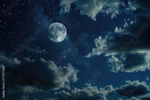 Full moon shining through clouds in the night sky. Suitable for night sky backgrounds