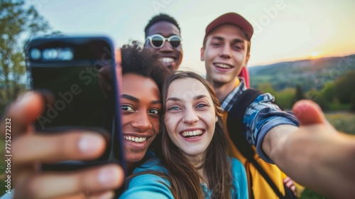 Group of cheerful young adults taking a selfie at sunset in nature. Friendship and adventure concept