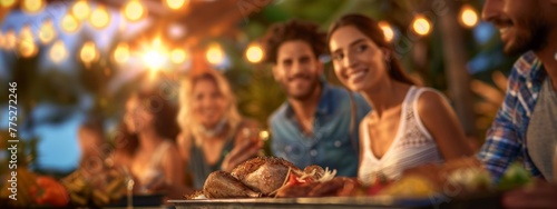 A high-resolution photograph of a diverse group of friends enjoying a potluck dinner, sharing food and laughter in a backyard setting High-resolution photograph clean sharp focus.