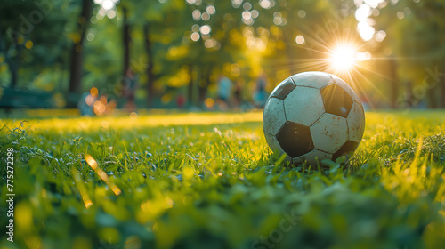 Soccer ball on a green grass close-up in summer park