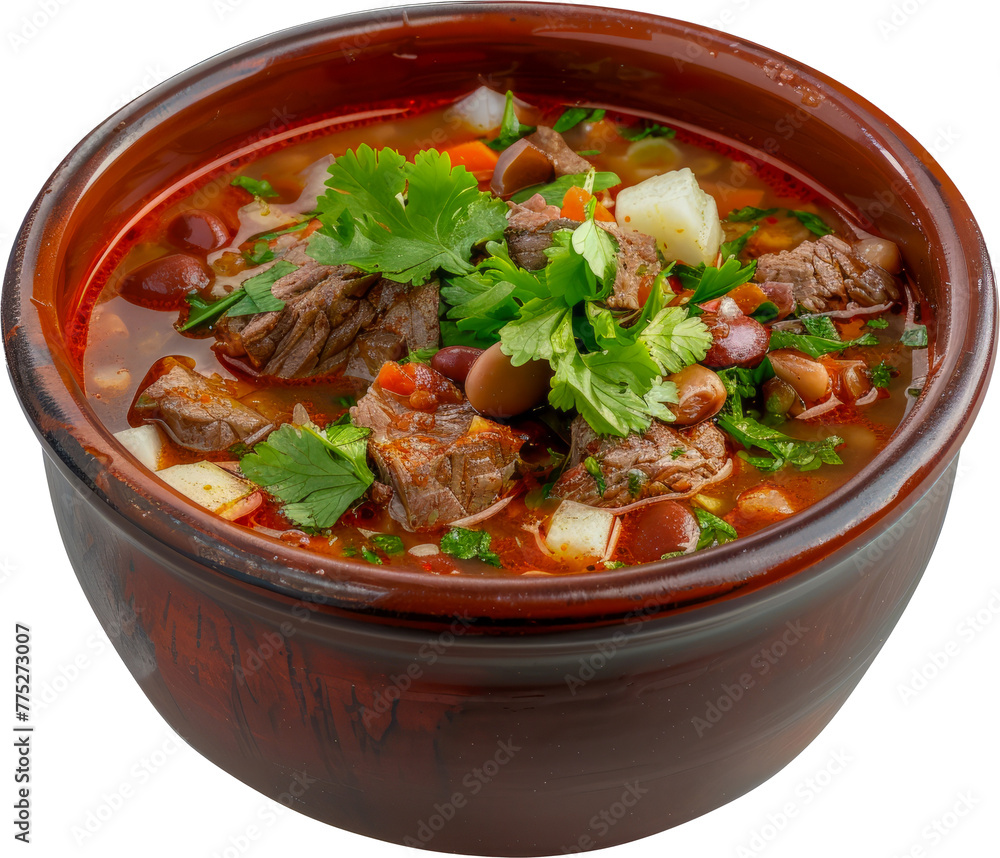 Hearty beef stew with vegetables in clay pot cut out on transparent background