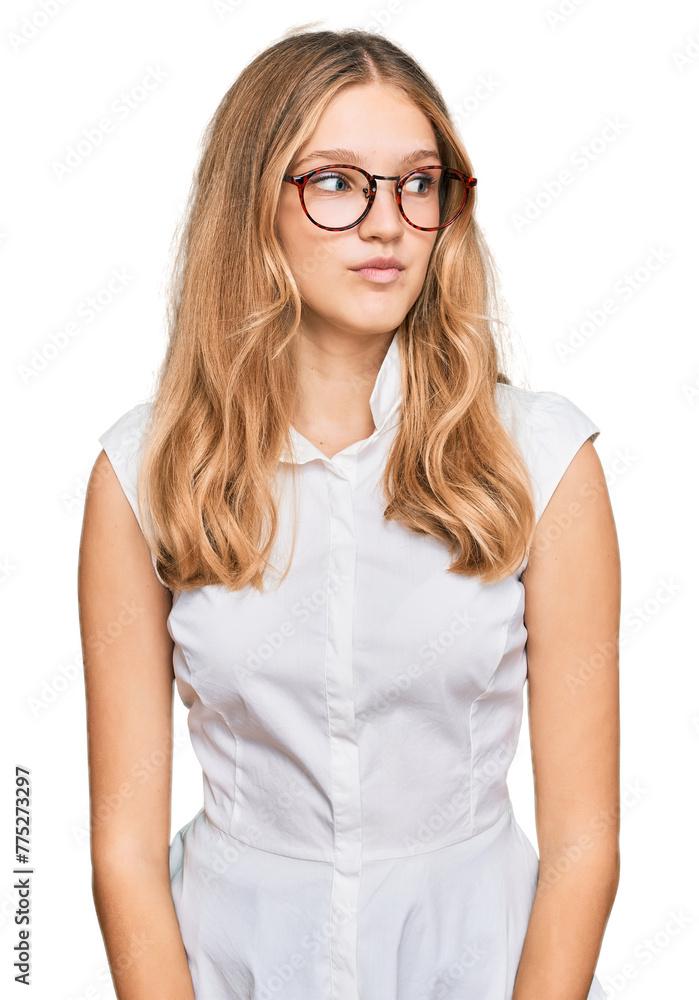 Beautiful young caucasian girl wearing casual clothes and glasses smiling looking to the side and staring away thinking.