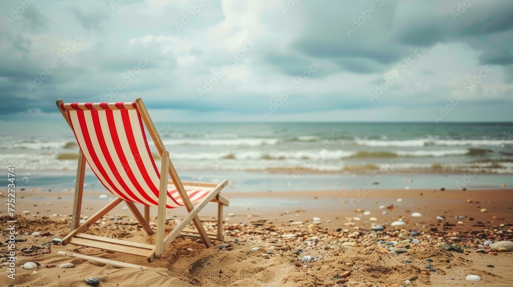 Red and white striped beach chair on a pebbled beach with waves in the background. Seaside relaxation concept