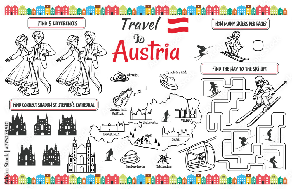 A fun placemat for kids. Printable “Travel to Austria” activity sheet with a labyrinth, find the differences and find the same ones. 17x11 inch printable vector file