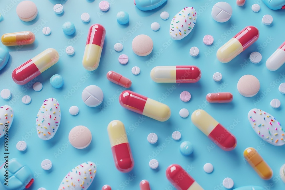 Assorted pills on a blue background, suitable for medical concepts Assorted pills on a blue background, suitable for medical concepts