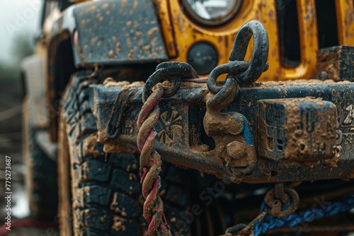 Close-up view of a truck with a chain attached, suitable for industrial and transportation concepts