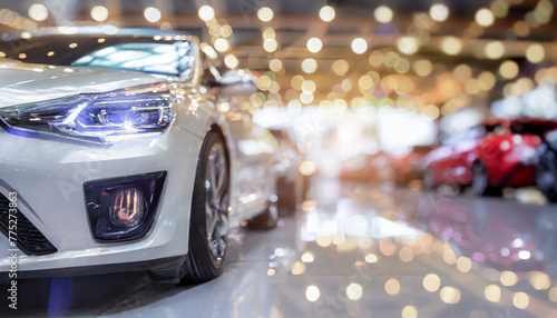 Close up of New cars display in luxury showroom with light bokeh in motor show event.space for text © anandart