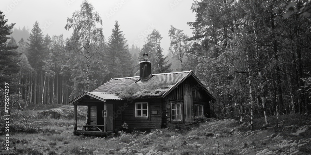 A serene image of a small cabin in the middle of a forest. Perfect for nature and outdoor themed designs A serene image of a small cabin in the middle of a forest. Perfect for nature and outdoor themed designs