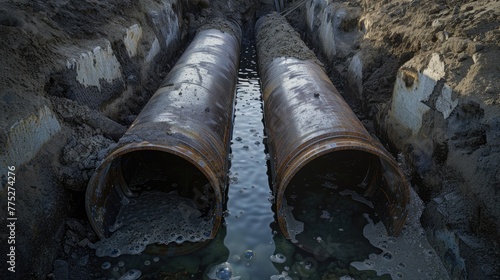 Two pipes laying in the soil, suitable for industrial or construction themes