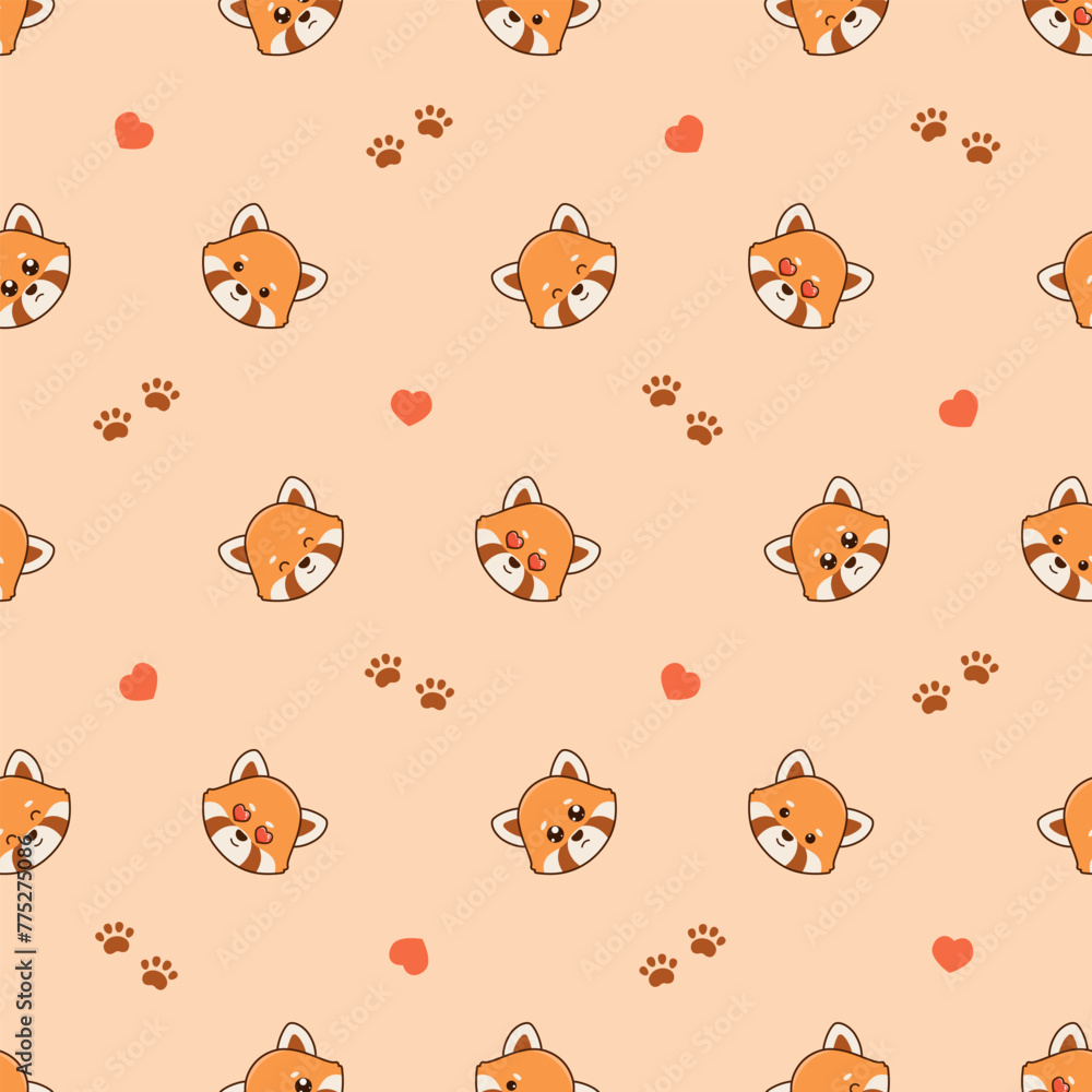 Vector seamless pattern with cute red pandas, hearts love and footprints