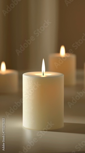 Multiple candles with flickering flames  soft focus on foreground. Warm ambient lighting. Comfort and warmth concept