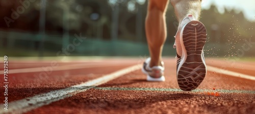 Close-up of a runner's legs on a track with flying dirt particles, showcasing athletic shoes. Design for sports advertisement, banner, poster.