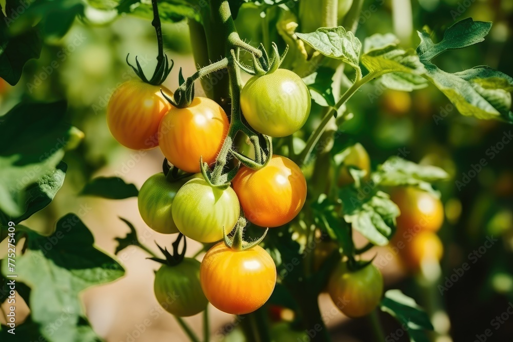 Cluster of ripe and ripening tomatoes on the vine under the bright summer sun. Ripe Tomatoes Growing on a Sunny Vine Cluster of ripe and ripening tomatoes on the vine under the bright summer sun. Ripe Tomatoes Growing on a Sunny Vine