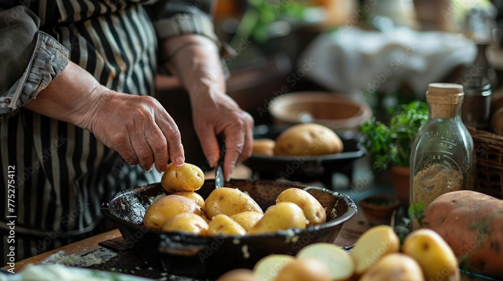 A person cutting potatoes in a bowl on a table. Suitable for cooking and food preparation concepts