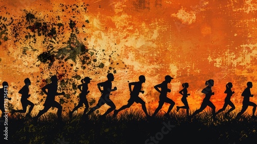 Silhouette of runners against a grunge orange backdrop. Urban running and fitness concept
