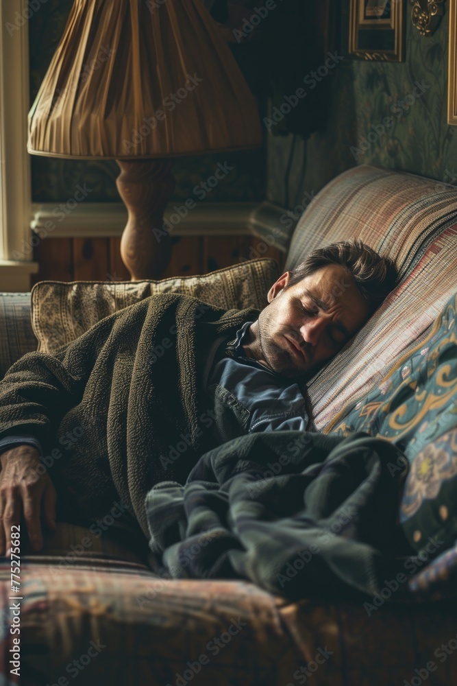 A man peacefully sleeping on a couch with a cozy blanket. Suitable for home and lifestyle concepts A man peacefully sleeping on a couch with a cozy blanket. Suitable for home and lifestyle concepts