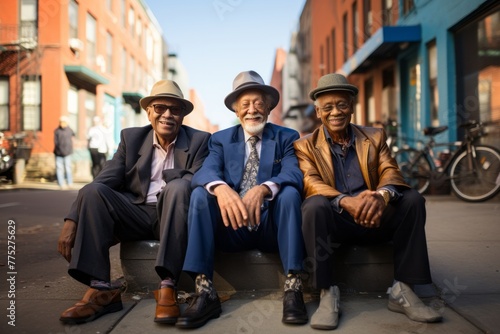 Three elderly men dressed in suits and hats are seated on a wooden bench in an urban area. They appear to be engaged in conversation or simply enjoying each others company