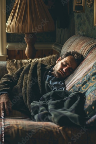 A man peacefully sleeping on a couch with a cozy blanket. Suitable for home and lifestyle concepts © Fotograf