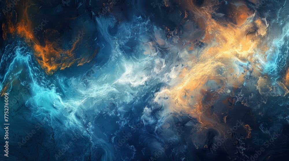 Ocean and fire-inspired abstract with swirling blue and orange colors