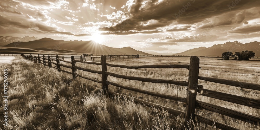 A sepia toned photo of a fence in a field. Suitable for rustic, vintage, or nature themed designs - obrazy, fototapety, plakaty 