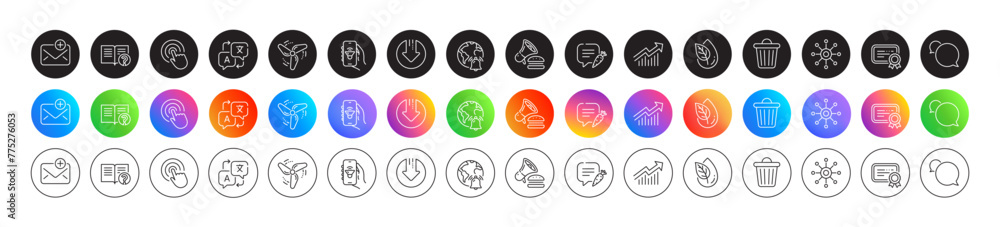 Translate, Multichannel and Chat bubble line icons. Round icon gradient buttons. Pack of Burger, Help, Trash bin icon. Click, Internet notification, Wind energy pictogram. Vector
