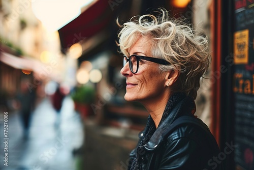 Portrait of a senior woman in glasses on a city street.