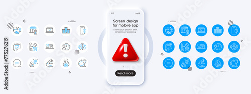 Online documentation, Hot offer and Stop shopping line icons. Phone mockup with 3d danger icon. Pack of Internet downloading, Dish plate, Chandelier icon. Vector