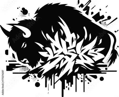 buffalo, bison, animal silhouette in graffiti tag, hip hop, street art typography illustration. 