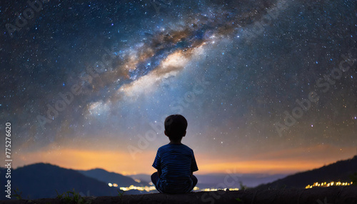 Silhouetted young boy sits gazing at stars, embodying wonder and curiosity about the cosmos and future exploration