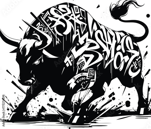 cow, bull, animal silhouette in graffiti tag, hip hop, street art typography illustration. 