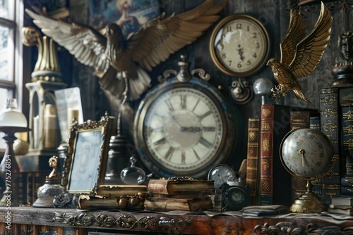 A variety of antique clocks and other items displayed on a table. Ideal for vintage decor themes