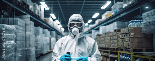 Epidemic theme. Man in protective white suit tanding in factory or warehouse. copy space for your text.