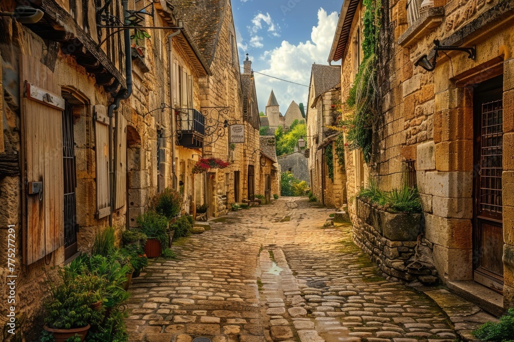 A scenic cobblestone street in a charming European village. Perfect for travel brochures or historical articles