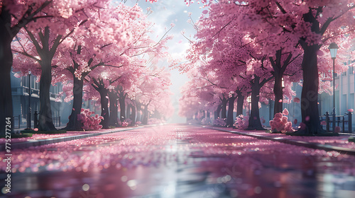 Cherry blossom trees lining a city street