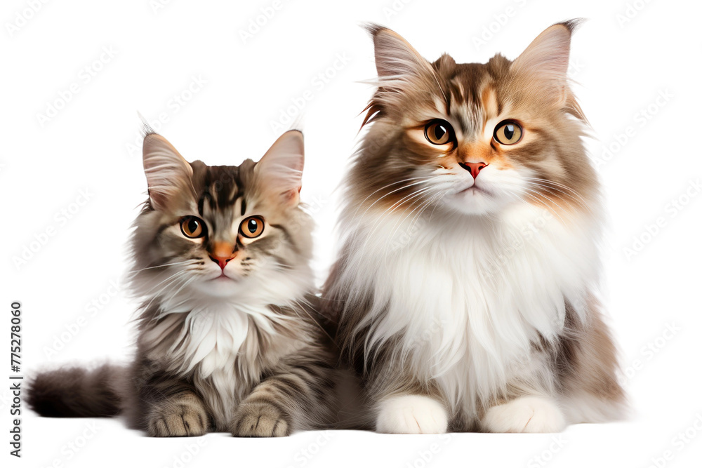 Feline Harmony: Two Elegant Cats Sitting Together. White or PNG Transparent Background.