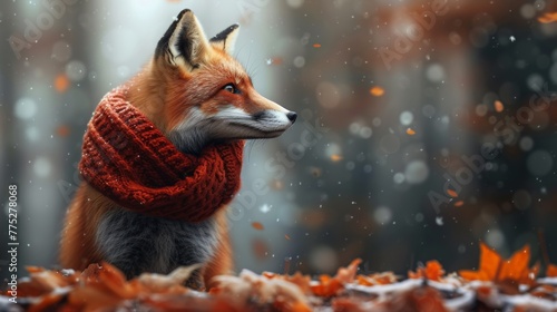 A fox wearing a scarf is sitting on the ground, AI © starush
