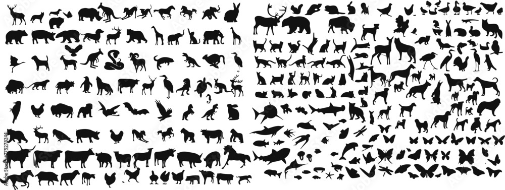 animals silhouette set. Big mammals collection. Livestock and poultry icons. Rural landscape. Group of animal of forest or wild. Sea animal and birds - obrazy, fototapety, plakaty 